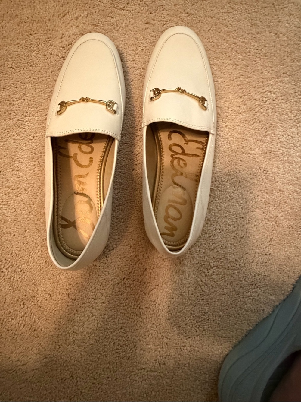 Sam Edelman Cream Leather “Lorraine” Loafers with Gold Horsebit